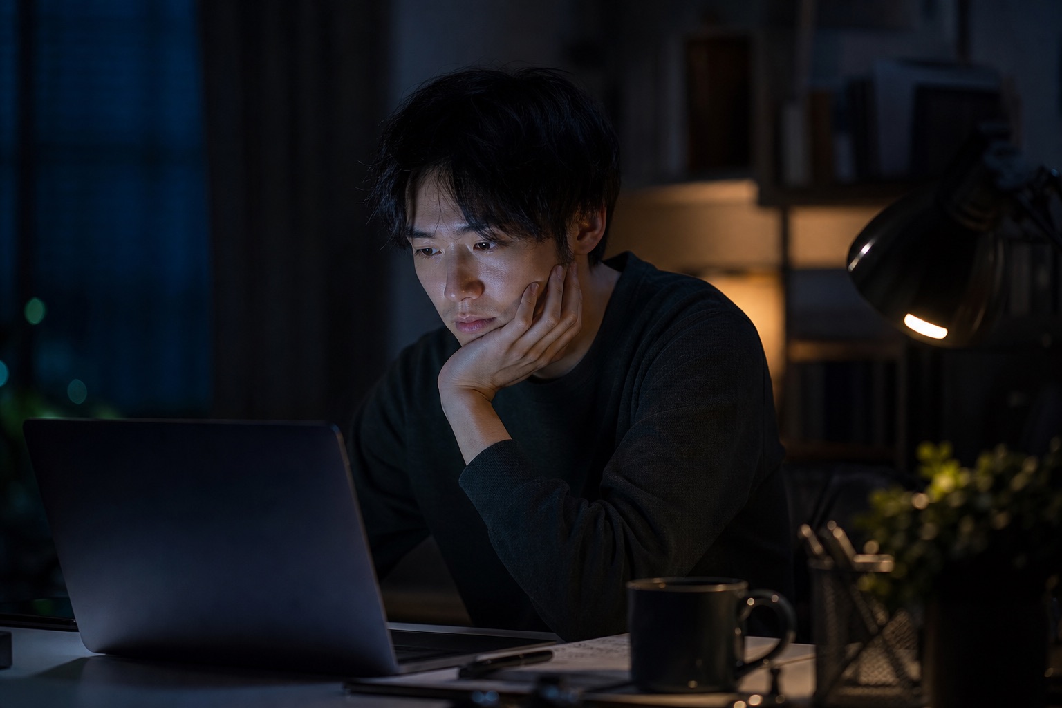 夜、机に向かって行き詰まる